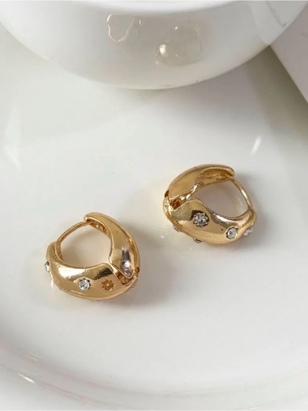 Gold Small Chunky Teardrop Huggie Hoop Earrings with Crystal Star Motifs
